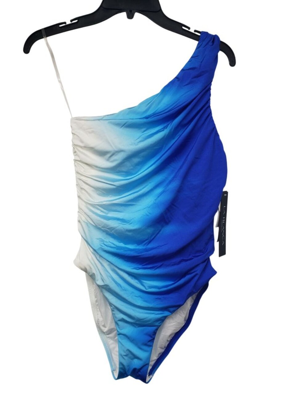 NEW La Blanca Blue White Tummy Control One Shoulder One Piece Swimsuit Ruched - Picture 2 of 11